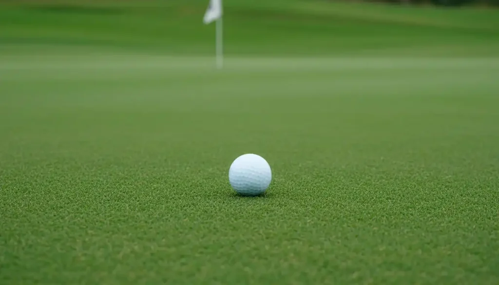 Nahaufnahme eines Golfballs auf dem Gruen mit Fahne im Hintergrund