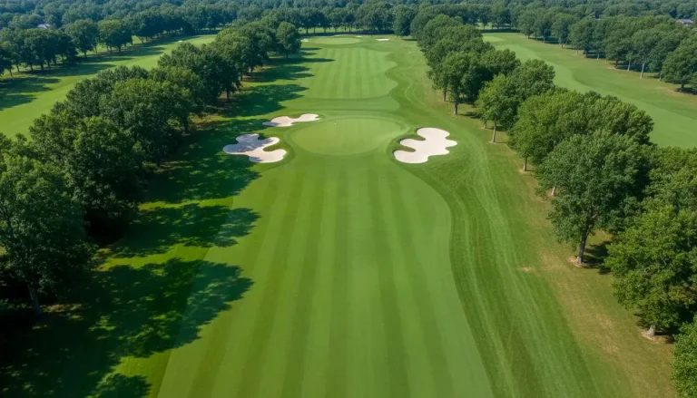 Weitlaeufiger Golfplatz mit Fairway und Bunkern aus der Vogelperspektive