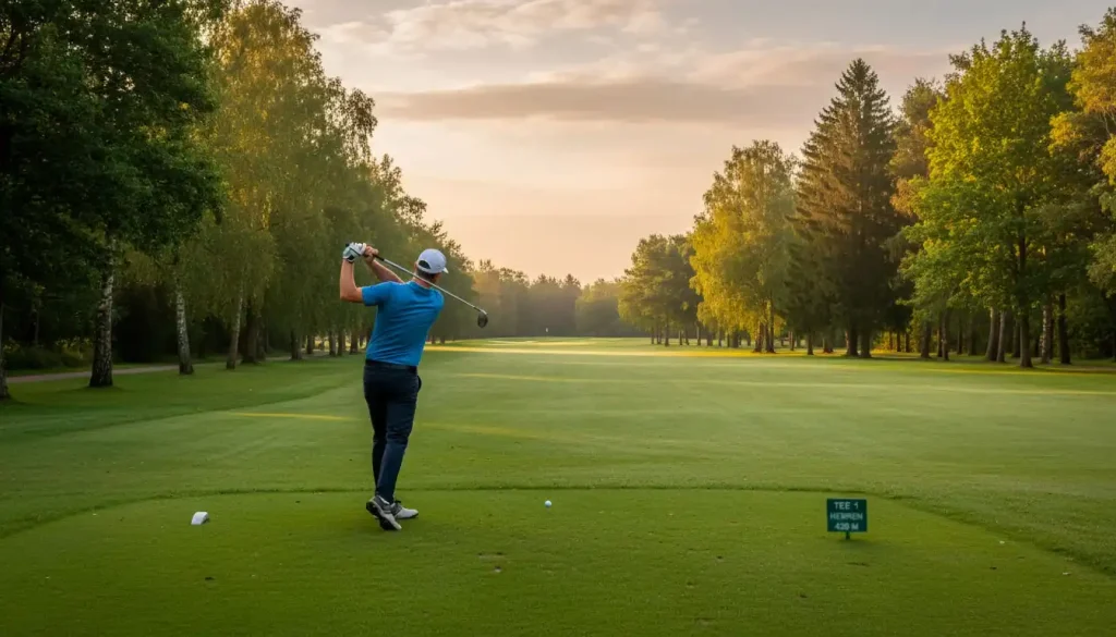 Golfspieler beim Abschlag auf dem Tee mit weitem Fairway im Hintergrund