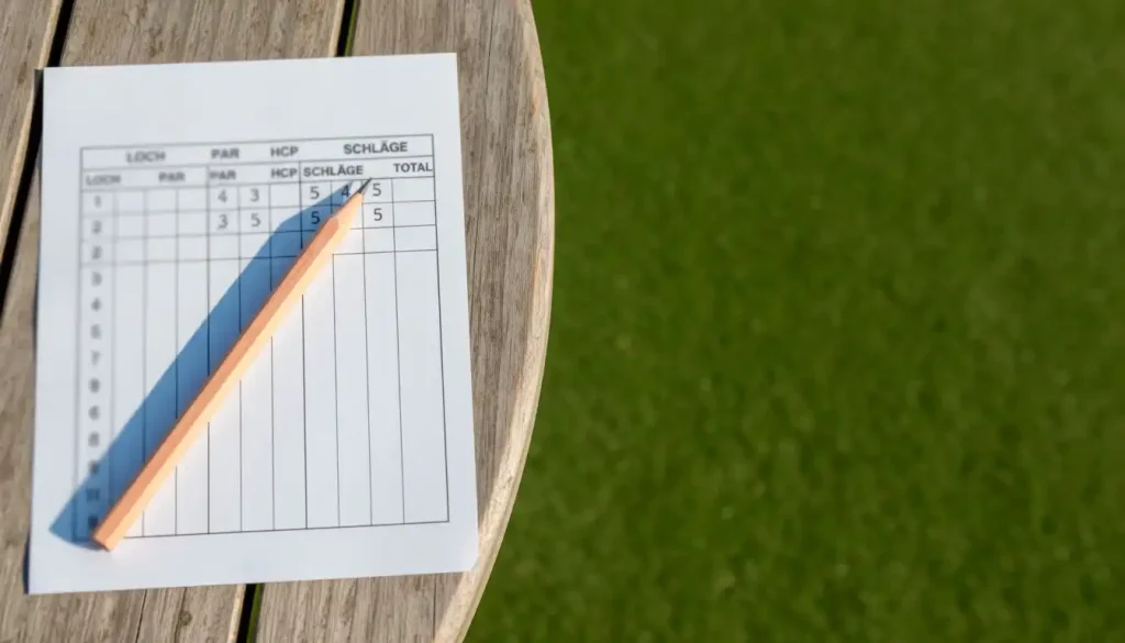 Golfschlaeger und Scorekarte auf einem Holztisch neben dem Gruen