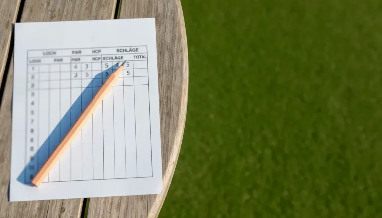 Golfschlaeger und Scorekarte auf einem Holztisch neben dem Gruen