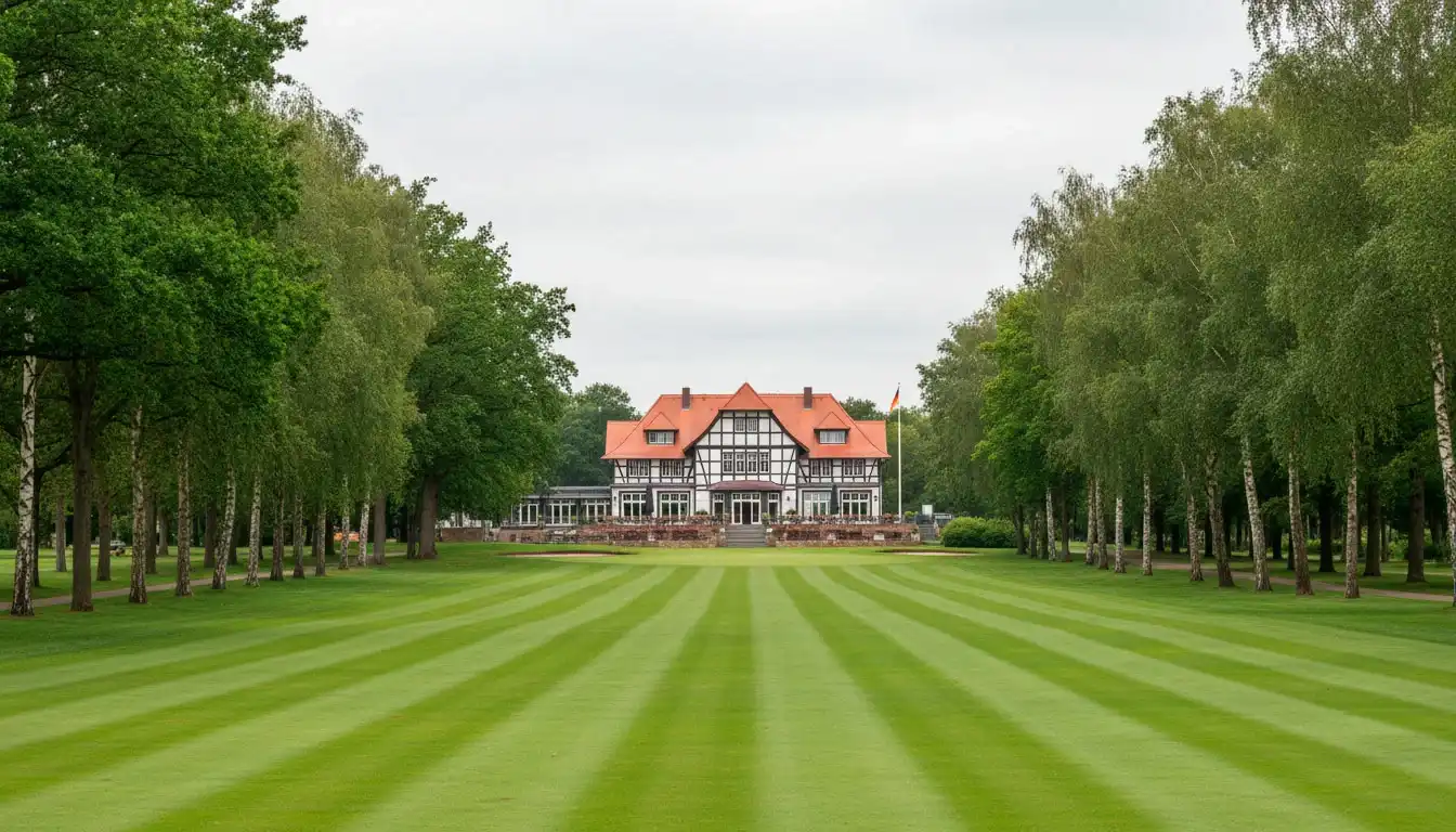 Blick über einen gepflegten Golfplatz in Deutschland mit Clubhaus im Hintergrund