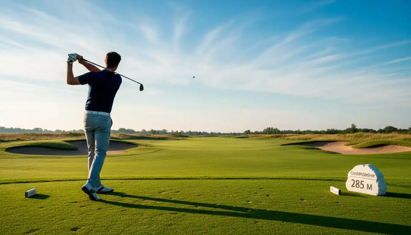 Golfspieler beim Abschlag auf einem Turnierplatz mit weitem Fairway