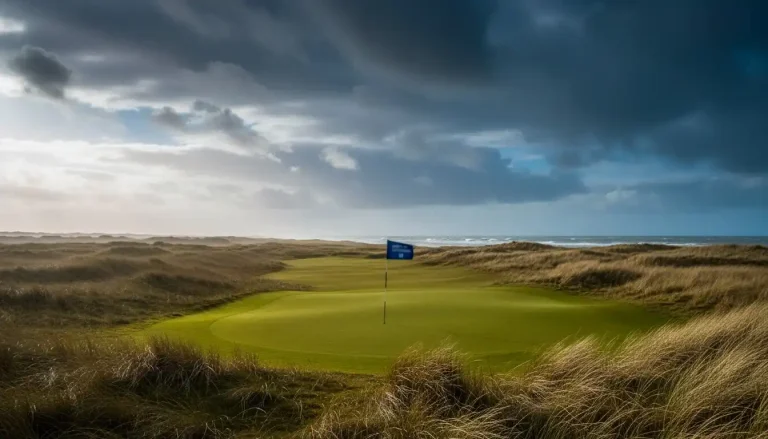 Golfplatz an der Kueste bei stuermischem Wind mit wehender Fahne am Gruen