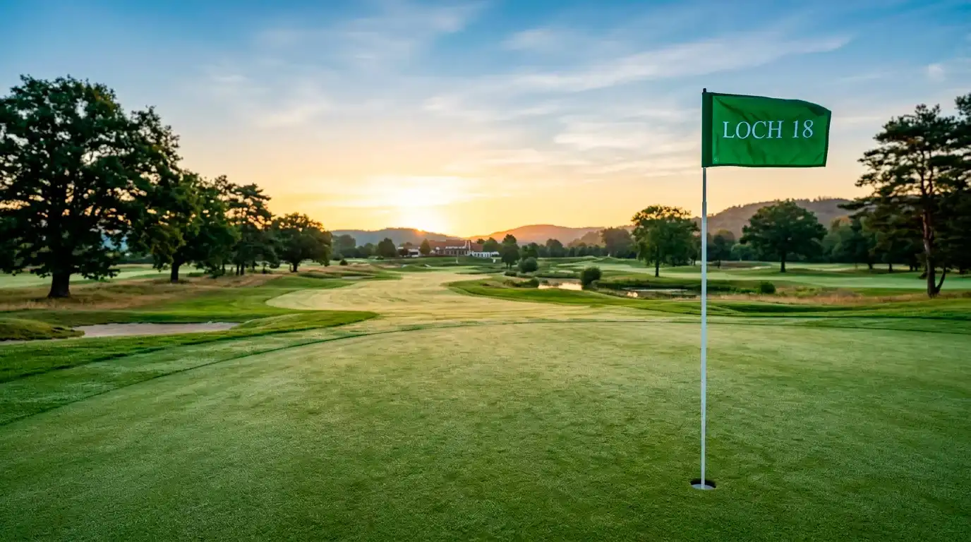 Golfplatz im Morgenlicht mit Flagge auf dem Grün als Symbol für Golf Sportwetten