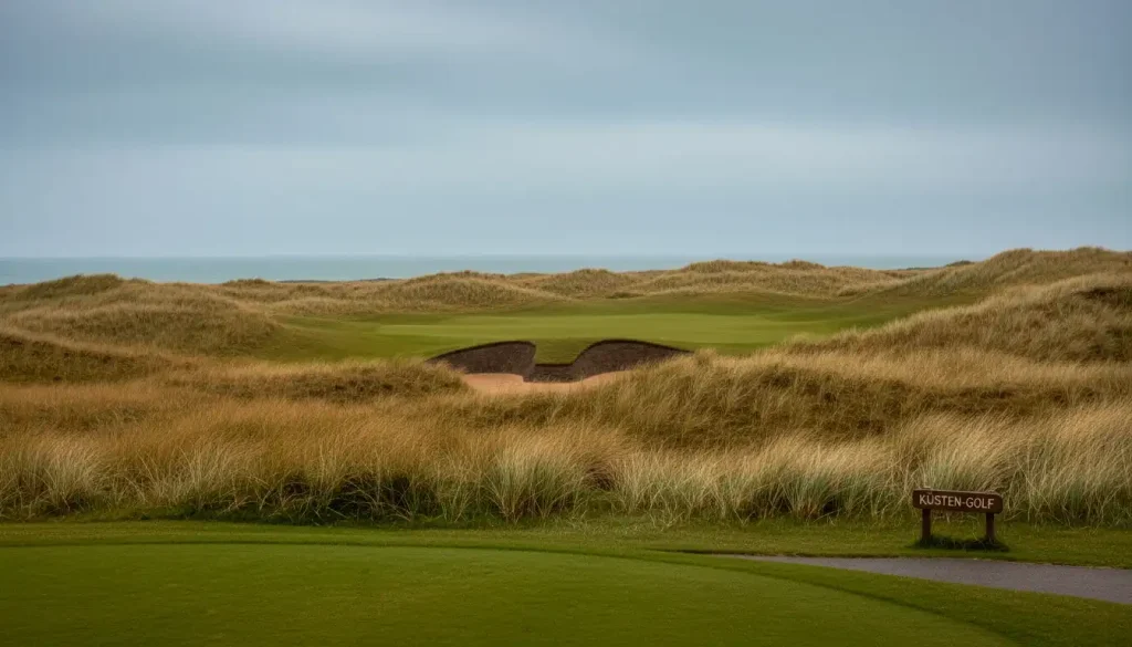 Links-Golfplatz an der schottischen Kueste mit Duenen und Meeresblick