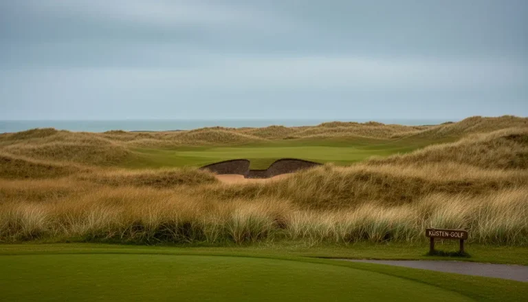 Links-Golfplatz an der schottischen Kueste mit Duenen und Meeresblick