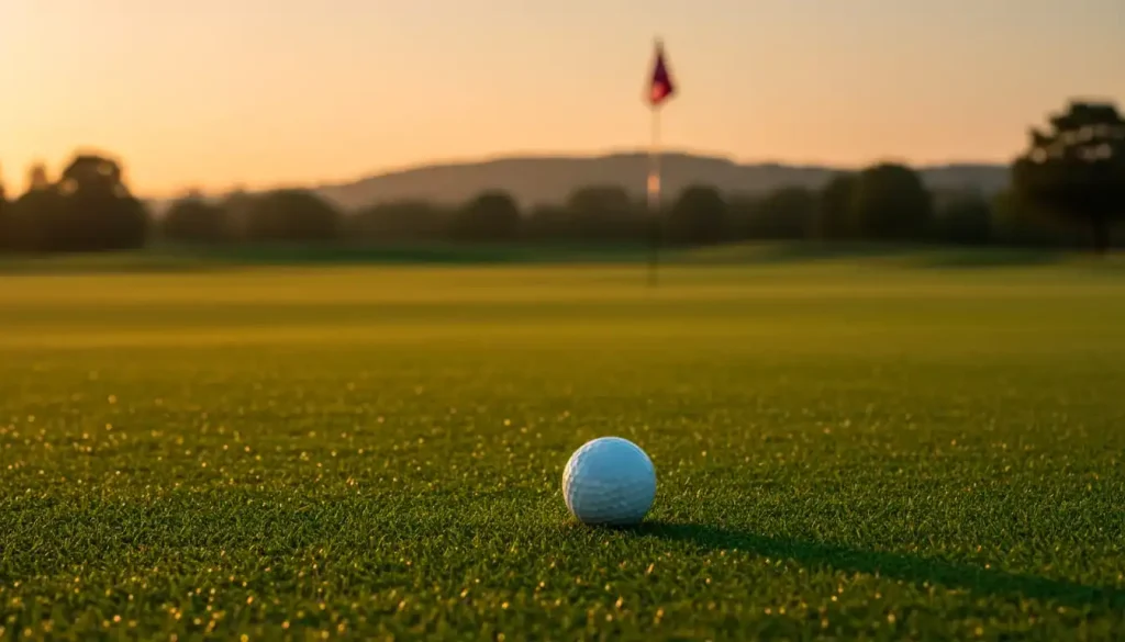 Golfball auf dem Fairway mit Blick auf das Gruen bei einem professionellen Turnier